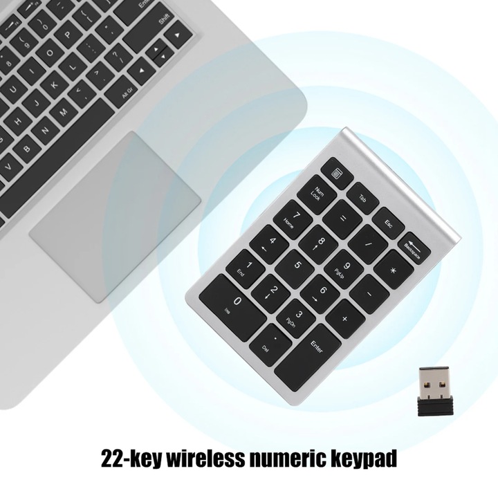 Tastatura numerica 22 taste, 2.4G, negru, dimensiuni compacte