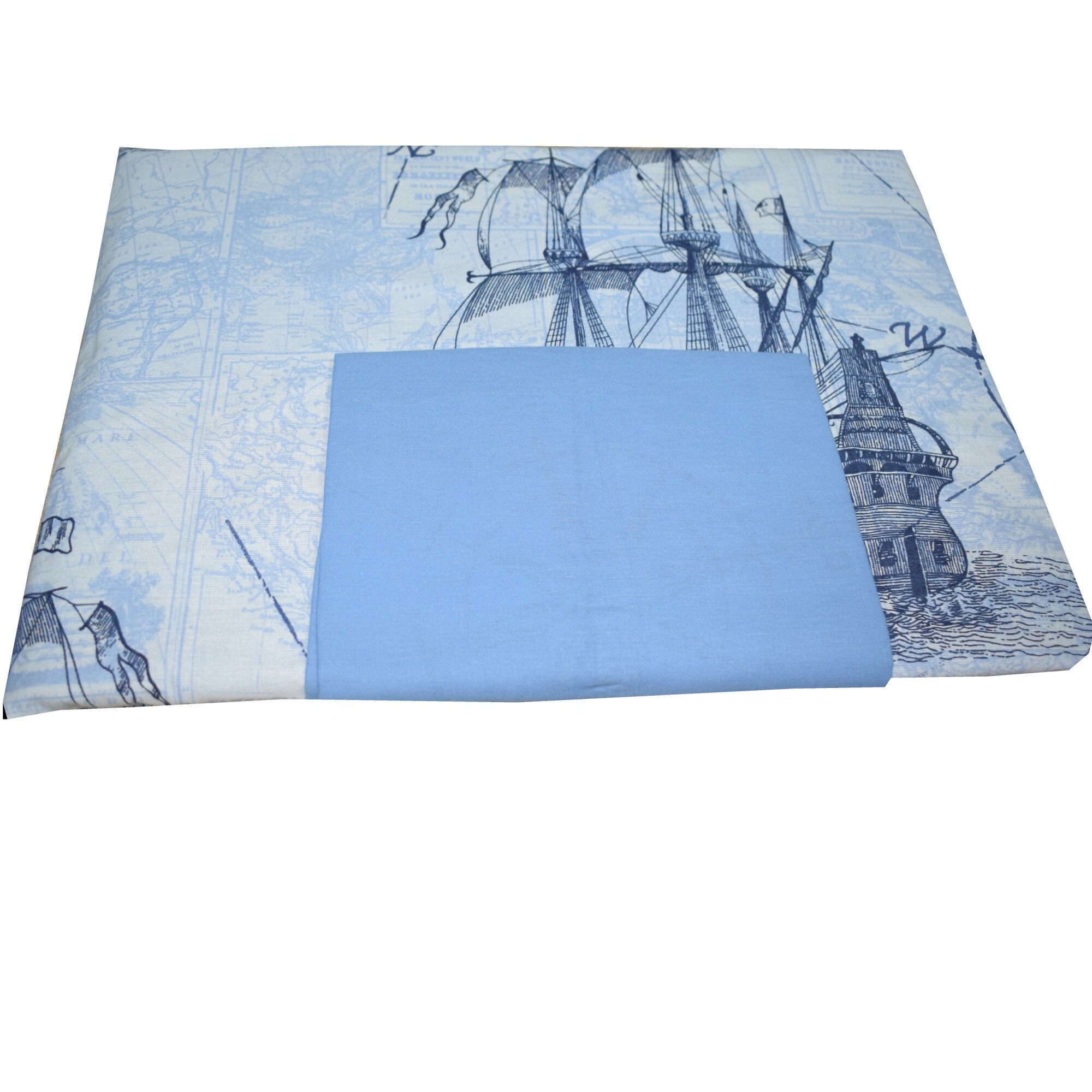 Lenjerie patut bumbac 100%, 3 piese, tema marina, bleu si bleumarin