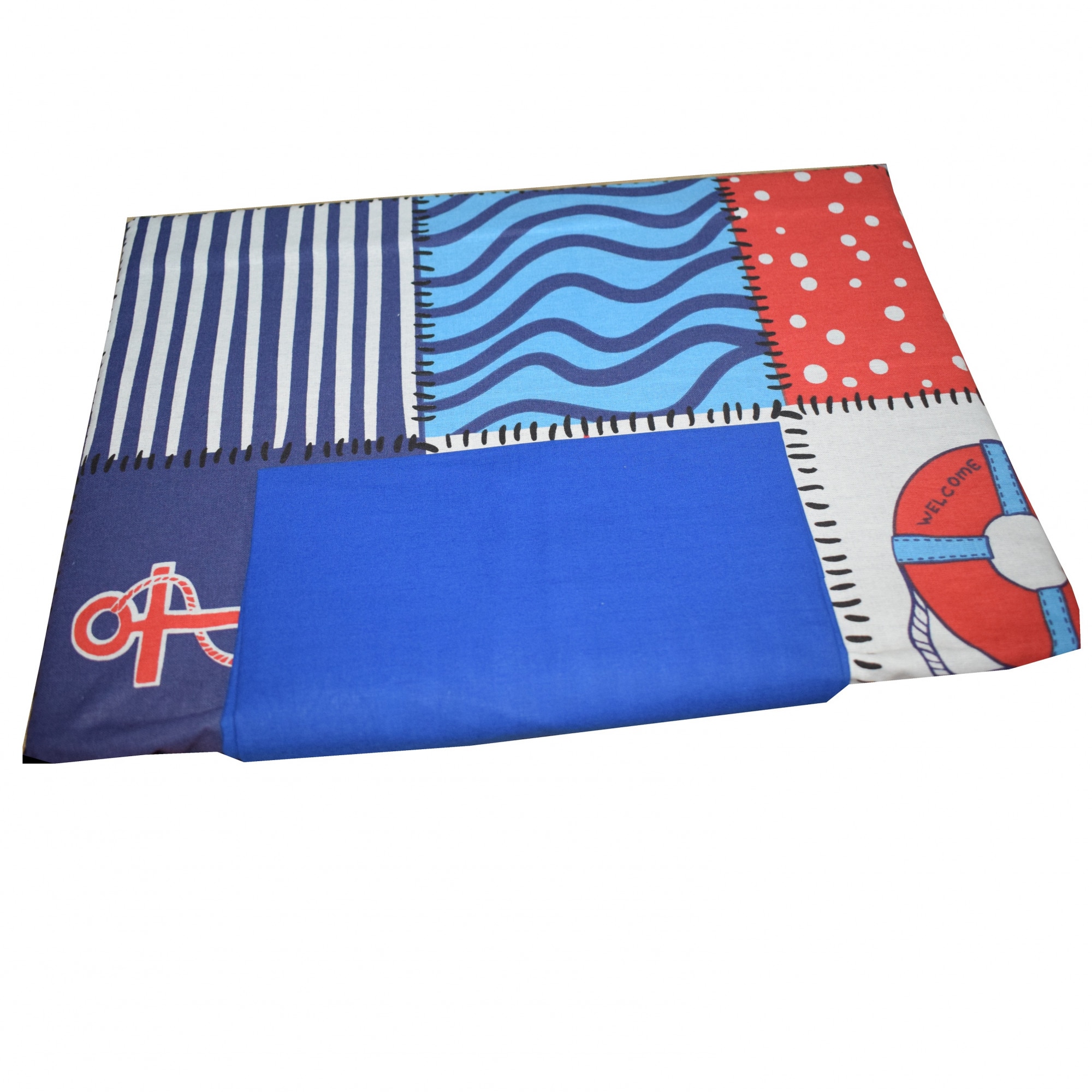 Lenjerie patut bumbac 100%, 3 piese, tema marina, albastru si rosu