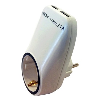 Priza cu 2 socluri USB, Home NV 2100USB, alba, protectie copii Priza cu 2 socluri USB, Home NV 2100USB, alba, protectie copii
