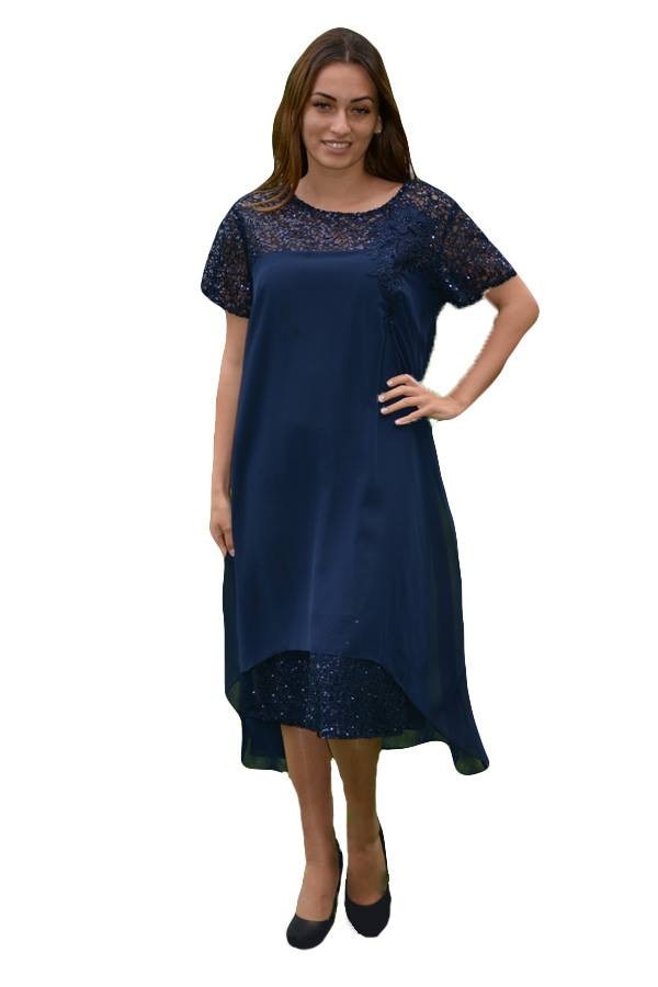 Rochie de ocazie cu croi asimetric, din voal si dantela cu paiete,D&J Exclusive, Albastru marin