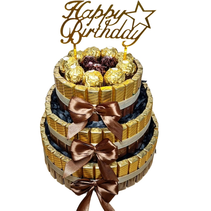 Tort pe trei etaje din batoane si praline de ciocolata si alune, 96 de produse