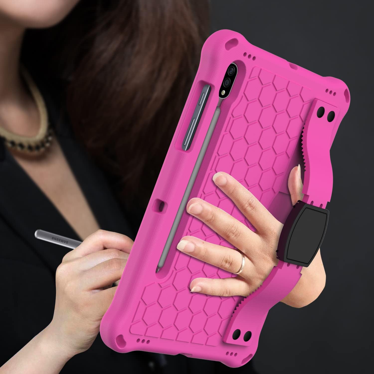 Husa tableta compatibila cu Samsung Galaxy Tab S9 FE, OEMG®, 11'', Antisoc si Anti-zgarieturi, Ideala pentru Utilizare Zilnica, Curea Umar/Suport Stilou, Usor de instalat, Portabil, Design ergonomic, Silicon, Roz