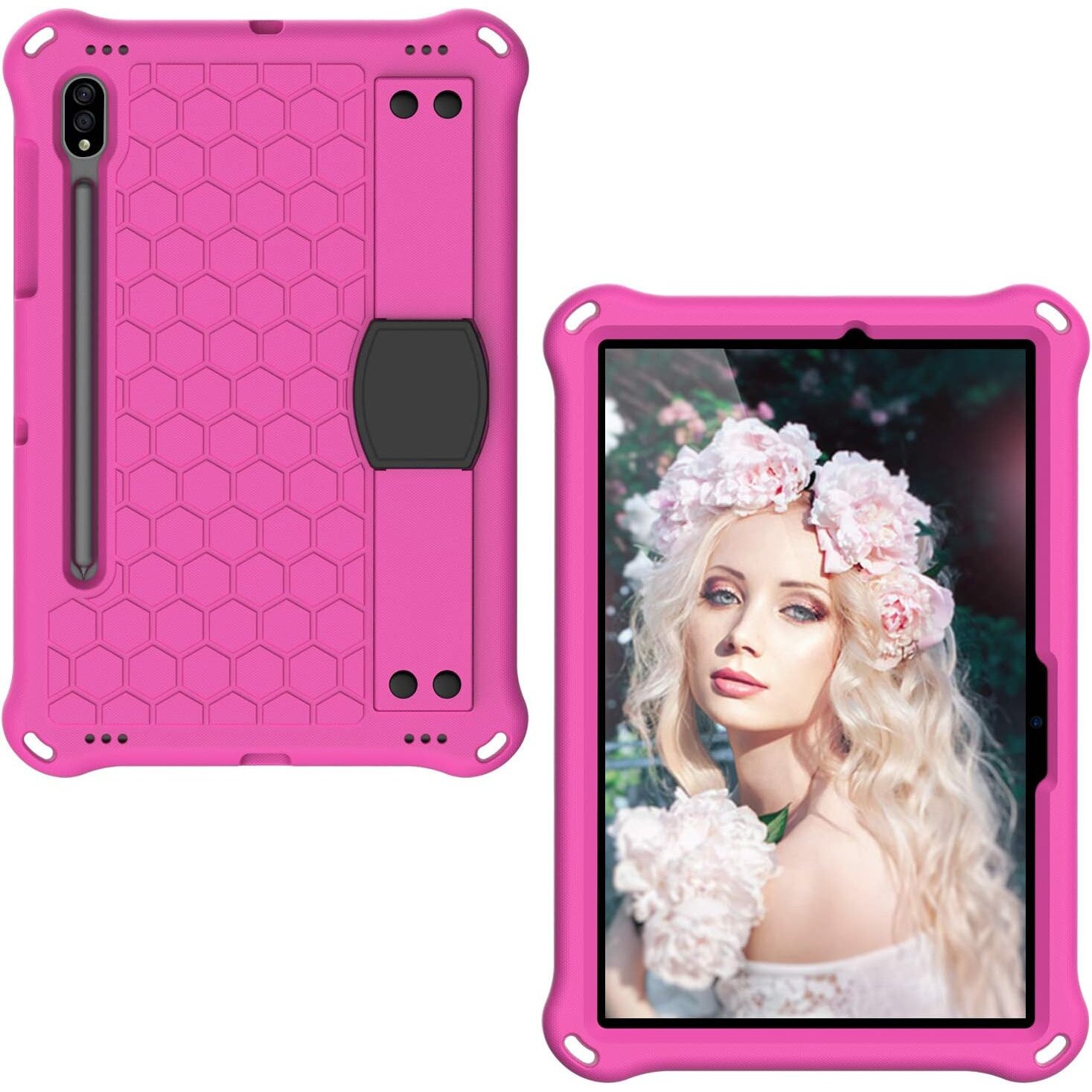 Husa tableta compatibila cu Samsung Galaxy Tab S9 FE, OEMG®, 11'', Antisoc si Anti-zgarieturi, Ideala pentru Utilizare Zilnica, Curea Umar/Suport Stilou, Usor de instalat, Portabil, Design ergonomic, Silicon, Roz