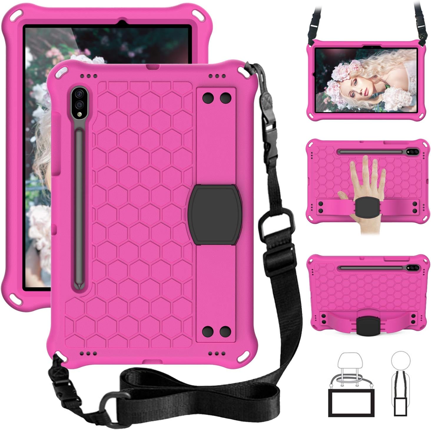 Husa tableta compatibila cu Samsung Galaxy Tab S9 FE, OEMG®, 11'', Antisoc si Anti-zgarieturi, Ideala pentru Utilizare Zilnica, Curea Umar/Suport Stilou, Usor de instalat, Portabil, Design ergonomic, Silicon, Roz