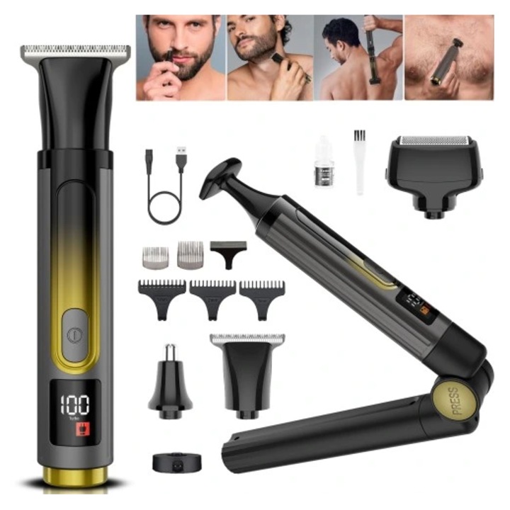 Aparat de ras electric pentru barbati, Excitat®, aparat de tuns 4 in 1 pentru corp, maner retractabil, utilizare umeda/uscata, reglabil la 180°, alimentat cu baterii, impermeabil