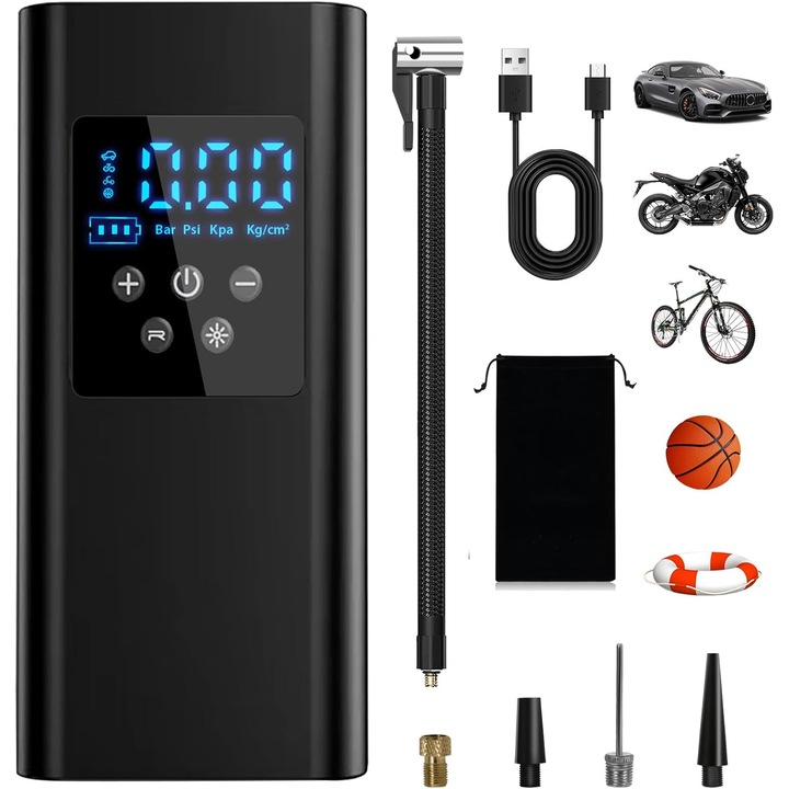 Compresor de aer portabil 150PSI, umflator electric de 6000mAh cu 4 duze pentru masini, motociclete, biciclete si mingi