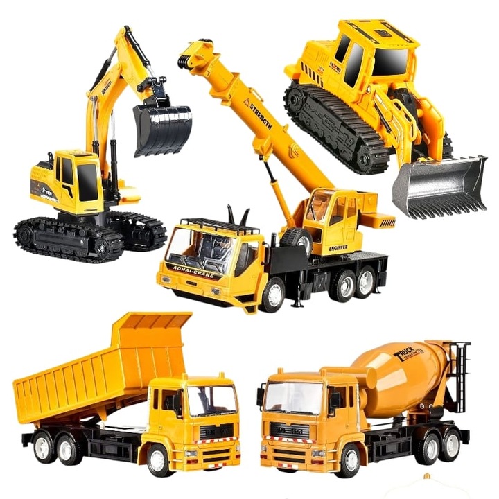 Set 5 Jucari pentru Copii de Constructie cu Telecomanda, Acumulator, USB, Excavator, Buldozer, Basculanta, Betoniera, Macara, Galben - Negru