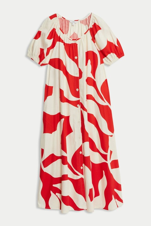Marks & Spencer, Rochie din amestec de in cu nasturi, Rosu/Alb fildes