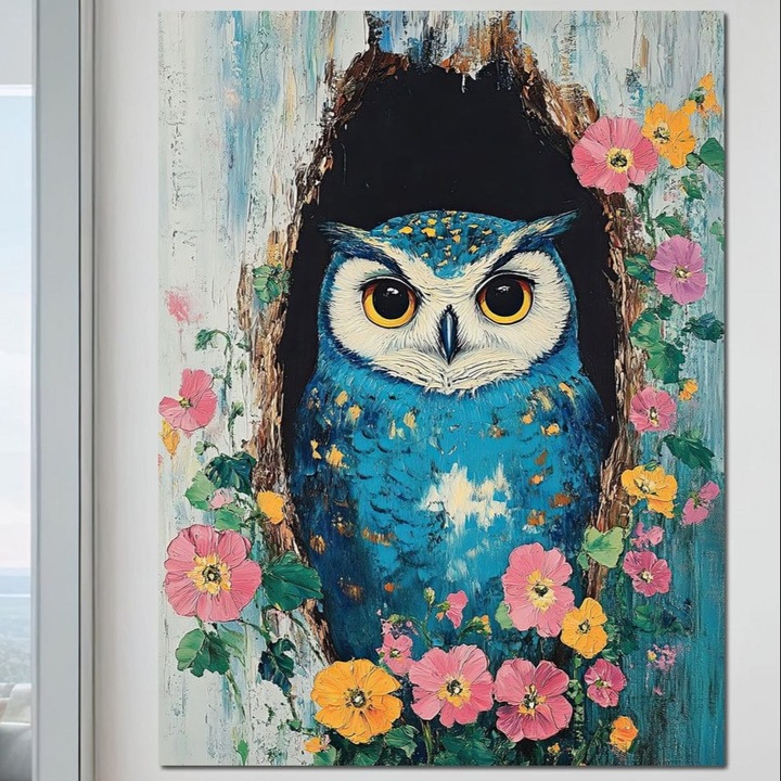 Tablou Canvas Premium, LuxCanva® M1075, Taina din Lemn Pictat, 45 X 60 CM, Panza Bumbac 100% 400g/m2, Sasiu Lemn, Padure, Flori, Natura, Pictura, Textura, Portret, Intelepciune, Bufnita, Scorbura, Pasare, Birou, Living, Camera Copil