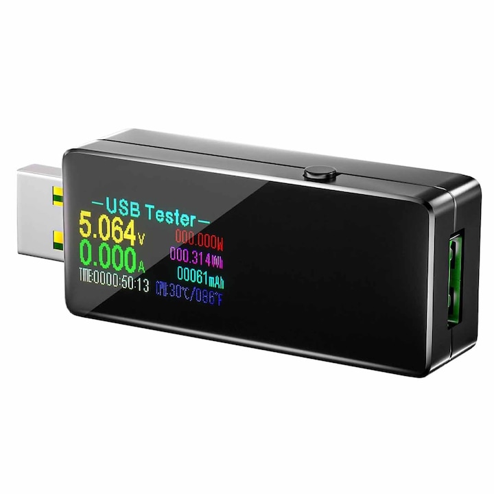 Tester tensiune, SINBINTA, Tester USB, Detecteaza capacitatea, curent, putere, Detectare incarcare, Afisaj LCD, Buton de resetare, Portabila, Domeniu de masurare 4V-30V, Protectie la supratensiune, Plastic, 53*24*14mm, Negru