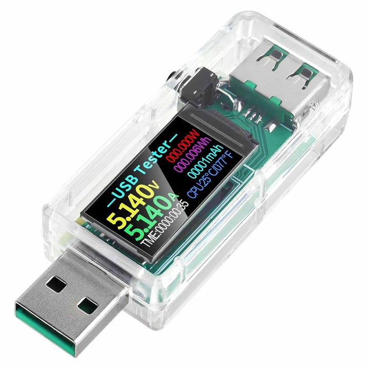 Tester tensiune, SINBINTA, Tester USB, Detecteaza capacitatea, curent, putere, Detectare incarcare, Afisaj LCD, Buton de resetare, Portabila, Domeniu de masurare 4V-30V, Protectie la supratensiune, Plastic, 53*24*14mm, Transparent