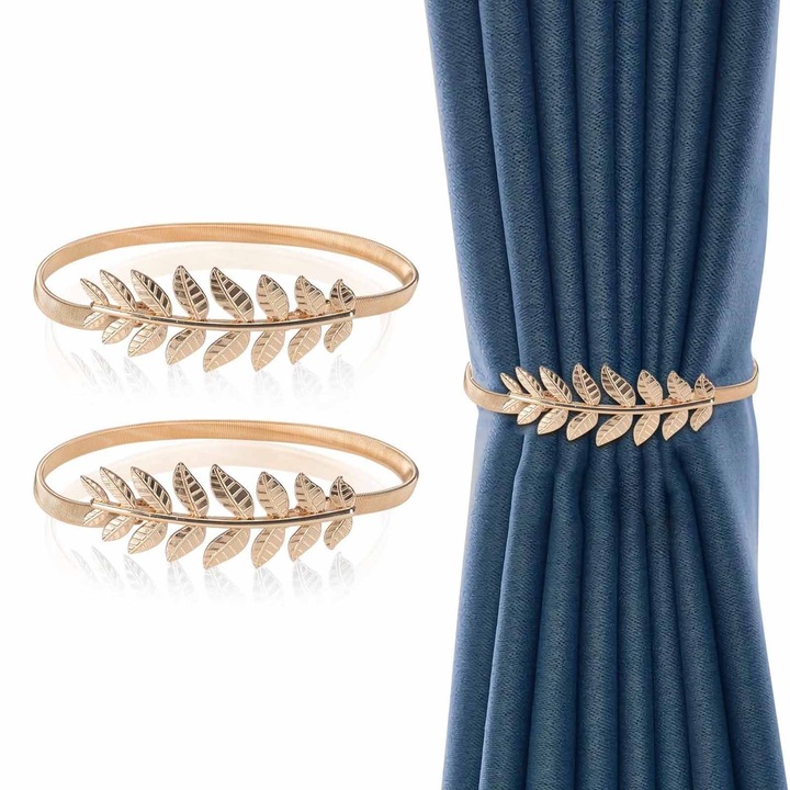 Set 2 accesorii perdele, SINBINTA, Set banda pentru perdea, Frunze, Design cu arc, Nu necesita gaurire, Lungime reglabila, Agatarea si fixarea usoara, Perfect pentru camera de zi, dormitor si birou, hoteluri, Aliaj, 35cm, Auriu mat