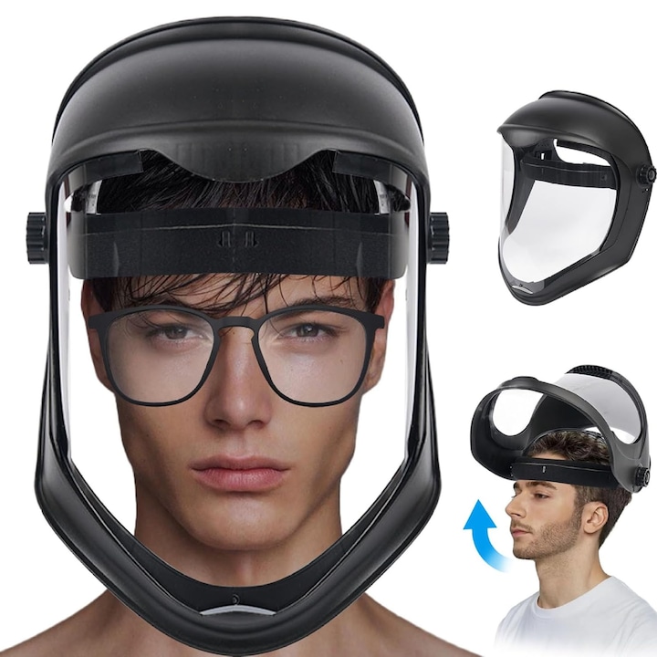 Védőmaszk plexivel, ZGGZERG, PC arcvédő, Állítható gumiszalag, Unisex, Párásodásgátló, Izzadásgátló pánt, Fokozott kényelem és biztonság, Könnyen tisztítható, Újrafelhasználható védelem szemre, orra, szájra, Fekete+Átlátszó