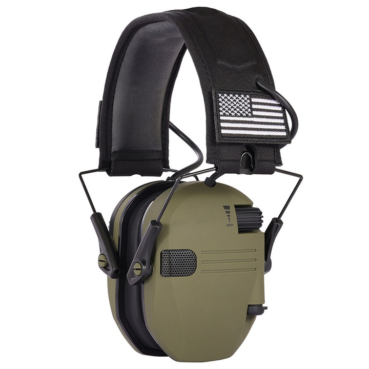 Casti tactice antifon activ, ZGGZERG, Casca protectie fonica, Pliabile, Protectie Auditiva, Banda pentru cap, Sensibilitate reglabila, Entifonate electronic, Reducere activa zgomot, Pentru vanatoare si airsoft, ABS, Verde