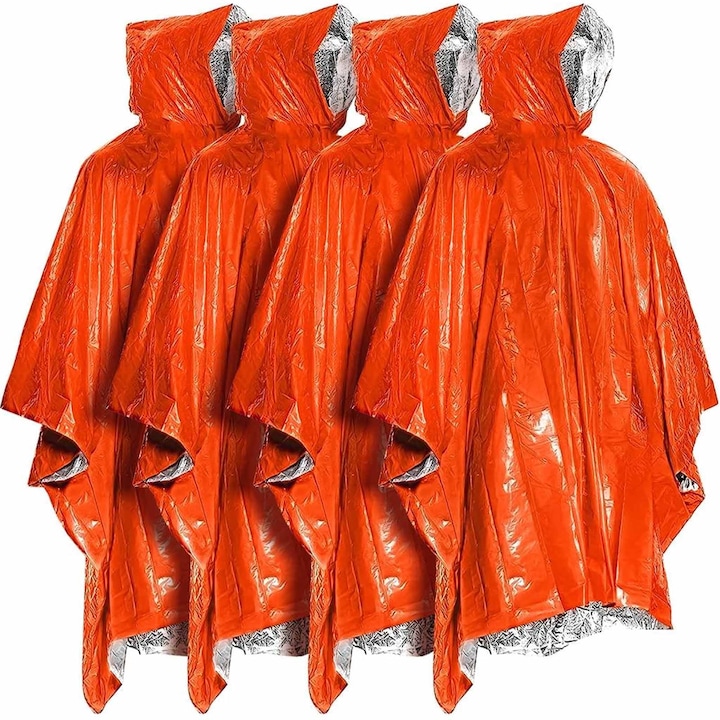 Set 4 pelerine de ploaie impermeabile, SINBINTA, Pelerina de ploaie, Cu gluga, Pliabila, Design fata-verso, Unisex, Rezistenta la rupere ingrosata, Termica, Inchidere usoara, Ideala pentru ploaie, zapada, vant, PE, 125*100cm, Portocaliu