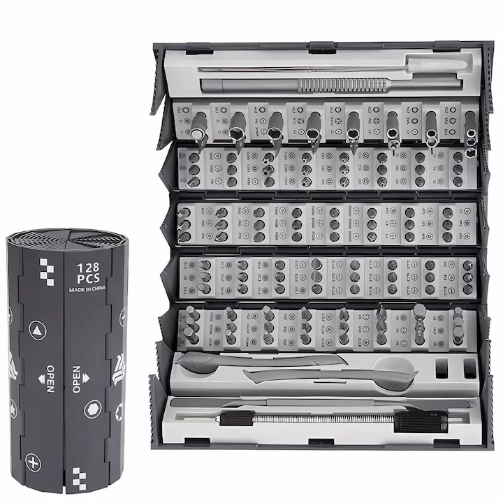 Комплект прецизни отвертки, SINBINTA, Разтегателна прецизна отвертка, 128-в-1, С 120 бита, Магнитна, Компактен калъф с кутия, Ергономичен дизайн, За телефон, лаптоп, очила, електроника, Пластмаса/Стомана, 16*7.3*7.3см, Сив