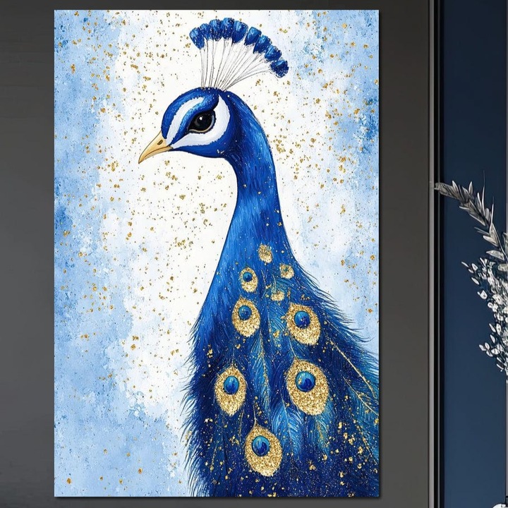 Tablou Canvas Premium, LuxCanva® M1077, Regina sub Ploaie de Aur, 80 X 120 CM, Panza Bumbac 100% 400g/m2, Sasiu Lemn, Pasare, Paun, Penaj, Safir, Auriu, Picaturi, Ploaie, Eleganta, Regal, Mister, Detaliu, Birou, Living, Camera Copil