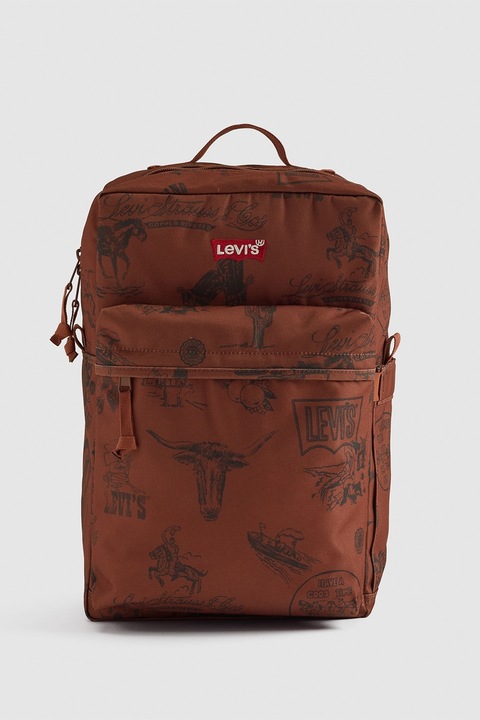 Levi's, Rucsac cu buzunar frontal si imprimeu, Negru, Maro deschis