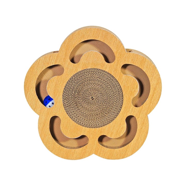 Interaktív macskajáték labdákkal és kaparófával, 36 cm, fa, Natúr