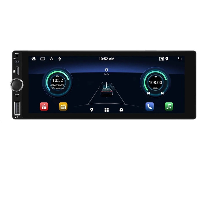 1 DIN Android autórádió rendszer, 6" 86" érintőképernyővel, 2+64 GB tárhellyel, vezeték nélküli Carplay rendszerrel, AHD kamerával, fekete színben