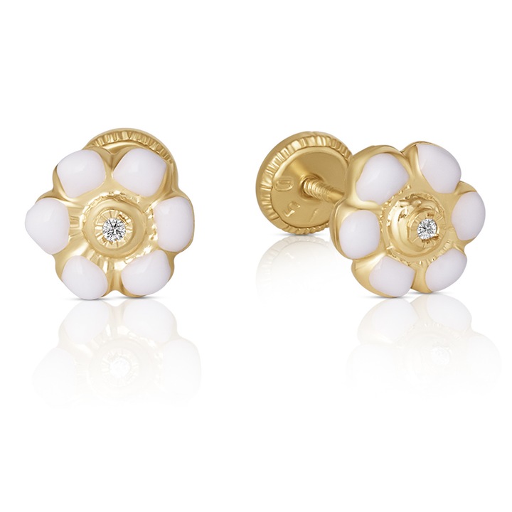 Cercei cu Protectie pentru Copii din Aur Galben de 18K cu Diamante de 0.05ct, Floare, Sandra Ferretti