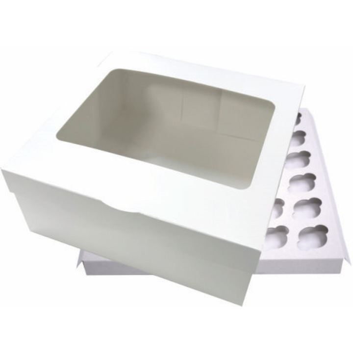 Set 50 buc cutii albe cu display pentru cupcakes, 23 x 23 x 10 cm, include suporti interiori 9 buc