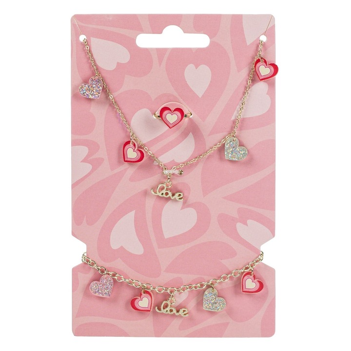 Set bijuterii pentru copii, colier, brățară și inel, auriu, inimioare, 3 bucăți