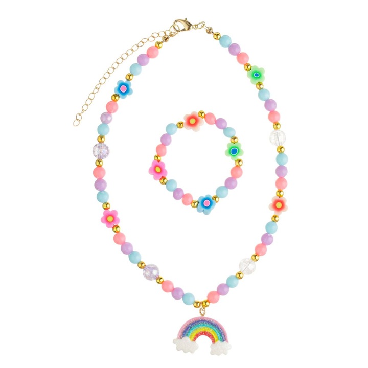 Set de Vara cu Colier & Bratara Margele Colorate Flori Curcubeu Glitter pentru Copii - 2buc