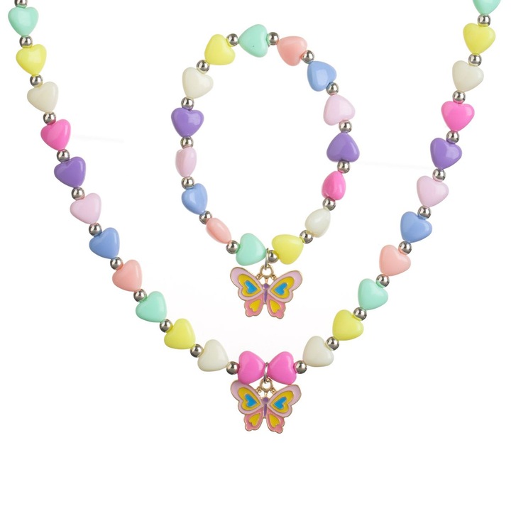 Set colier și brățară cu inimi colorate și pandantiv fluture pentru copii, multicolor, 2buc