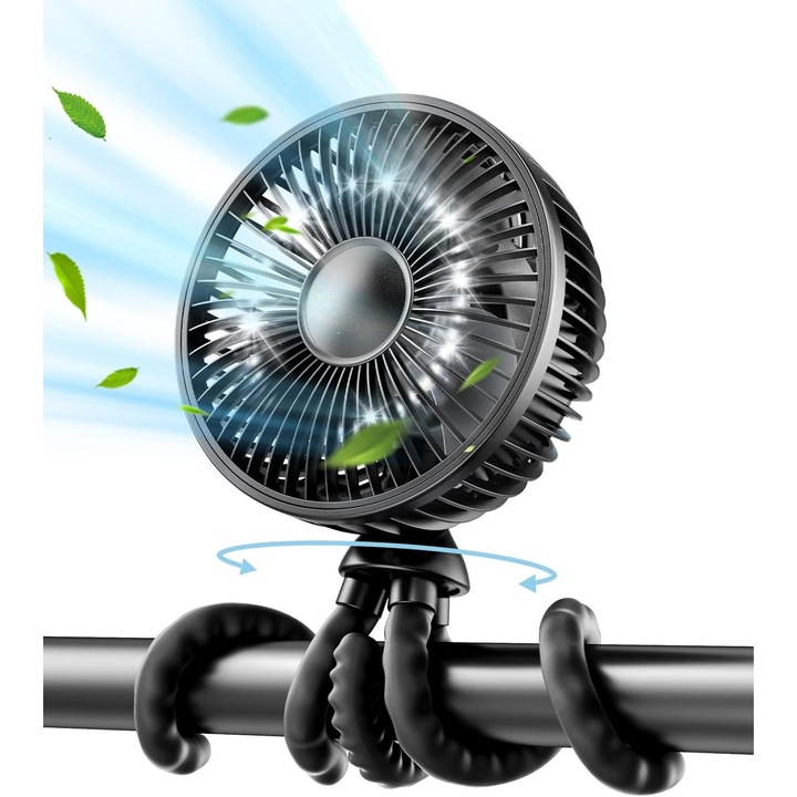 Babakocsi ventilátor, 3 fokozatú, újratölthető, 360°-os forgás, babakocsikhoz, autósülésekhez, futópadokhoz, 9, 5x9, 5x21cm, fekete színű