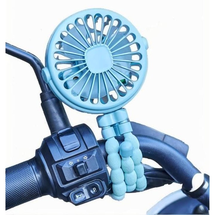 Вентилатор за детска количка, 3 скорости, акумулаторна батерия, въртене на 360°, за детски колички, седалки за кола, бягащи пътеки, 9, 5х9, 5х21 см, син