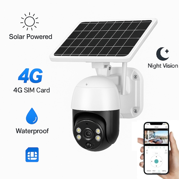 4G napelemes megfigyelőkamera 5MP, 355°-os forgatás, IP66, éjjellátó, kültéri, infravörös, optikai zoom, időjárásálló, V380 pro telefonos alkalmazás