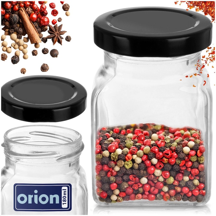 Fűszertartó, Orion, 170 ml, 5,5x5,5x9,5 cm, üveg, négyzet alakú, fűszerek és gyógynövények tárolására alkalmas, széles nyílás a könnyű töltés érdekében, átlátszó