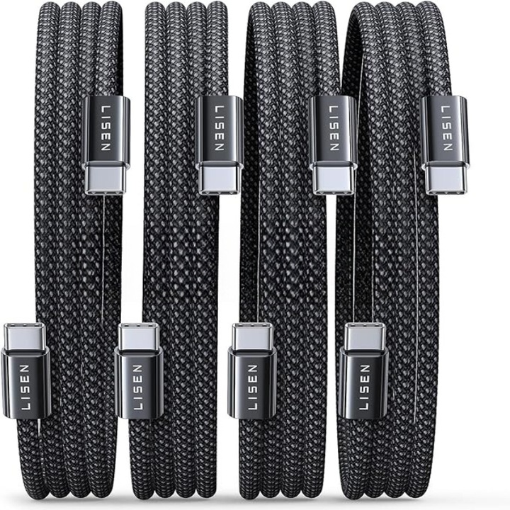 Кабел за данни и бързо зареждане LISEN® 60 W, комплект от 4 броя, 0.5 м, 2 x 1 м, 2 м, USB C към USB C, бързо зареждане PD 3.0, за телефон, iPhone 16, Switch 2, Samsung Galaxy S25, Pixel, MacBook, Универсален