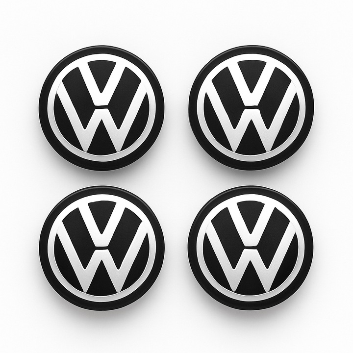 Set 4 Capace Jante VW 55 mm – Negru cu Argintiu, Emblema Volkswagen, Compatibile Jante Aliaj