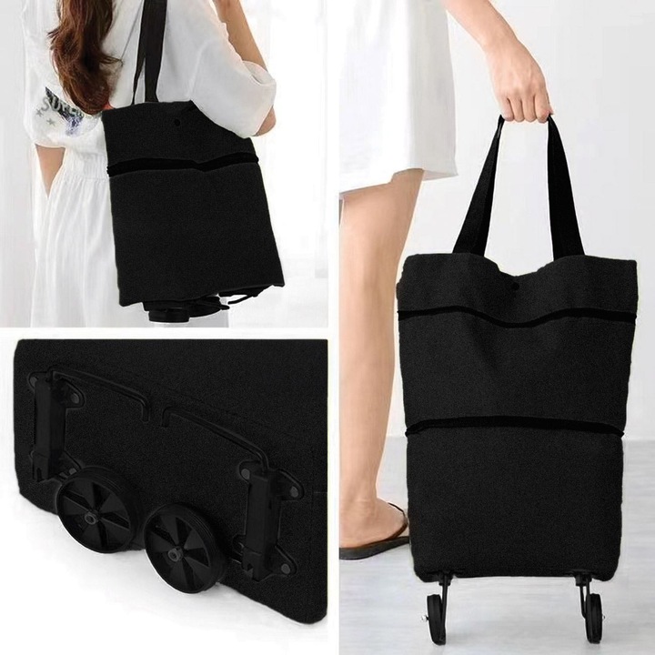 Сгъваема чанта за количка Shopiens, черна, 20 л, 45x39x13 см, с колелца