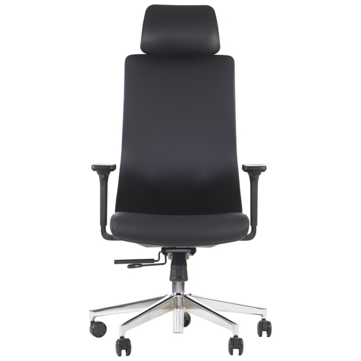 AKCENT PU, forgó irodai szék, krómozott lábtartóval, ekológikus bőrrel kárpitozott, állítható ülés, háttámla, fejtámla és karfák, szinkronmechanika, fekete