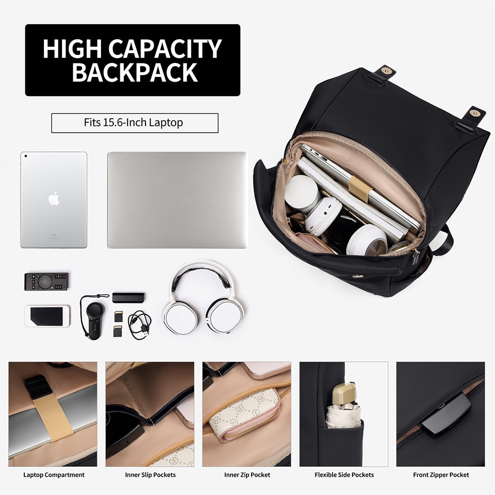 Rucsac pentru laptop Dollcini de mare capacitate pentru femei – impermeabil, elegant, cu buzunare multiple, pentru calatorii si serviciu, negru