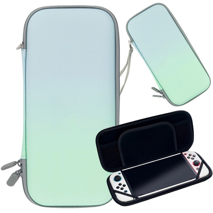 Carcasa, Artmico, Nintendo Switch OLED, verde-albastru, protectie exterioara, captuseala interioara din microfibra, spatiu pentru accesorii, spatiu pentru 10 carti de joc, inchidere cu fermoar, material rezistent la socuri si zgarieturi, rezistent la inte