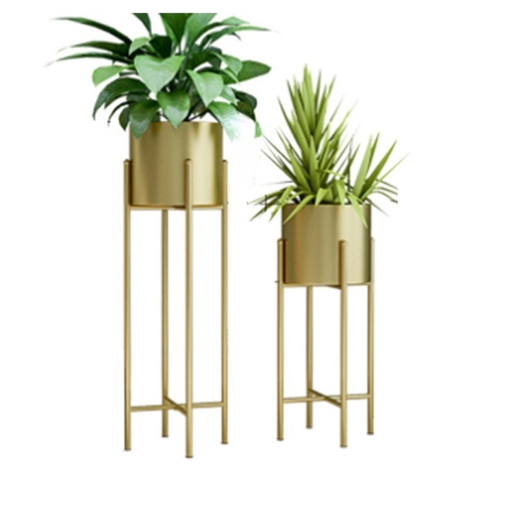 Set 2 Ghivece Decorative cu Suport Metalic Auriu, Stil Nordic, Vase Cilindrice pentru Plante si Flori