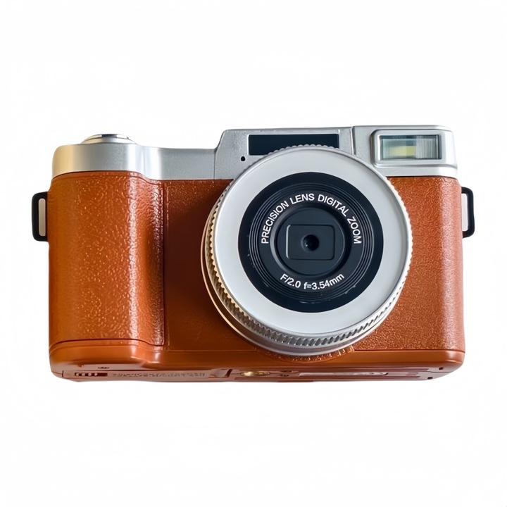 Фотоапарат, 4K, 128 GB карта памет, цифров, 4X увеличение, 2.8-инчов HD екран, автофокус, OTG, 16 филтъра, естетична светкавица, 180° обръщаем екран, 800 mAh, дълъг живот на батерията, ретро мода, кафяв