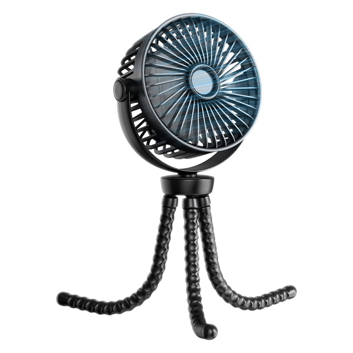 Ventilator pentru Carucior, 4 Trepte de Viteza, Clema tip Trepied, Rotativ 360°, Portabil, Negru