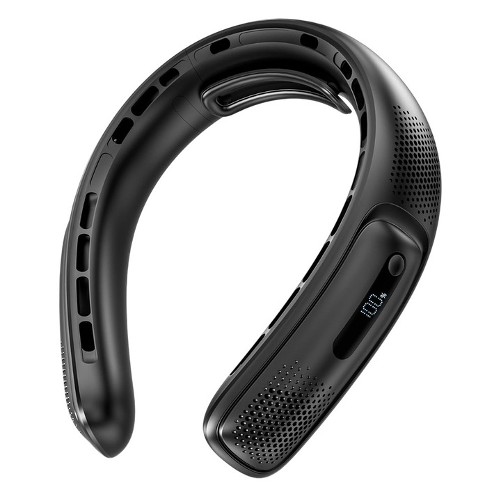 Вентилатор за врата, 4 въздушни потока, с дигитален дисплей, 360° охлаждане, преносим, дизайн за слушалки, черен