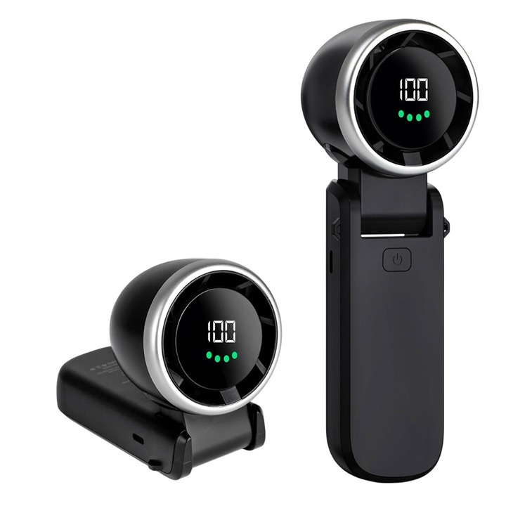 Mini Ventilator Premium, 6 Trepte de Viteza, cu Display LED, Portabil, Alimentare Type C, Putere Turbo, Negru