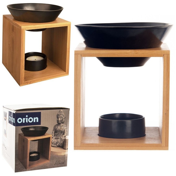 Set Suport Pentru Aromaterapie Cu Vas, Orion, 12x11x14 cm, Fabricat Din Lemn De Bambus, Boluri Din Portelan, Culoare Neagra, Mata, Destinat Aplicarii Cerurilor Parfumate Si Uleiurilor Aromatice, Negru