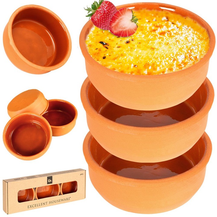 Set Boluri De Copt, Excellent Houseware, 3 Bucati, 200 ml, 12x4 cm, Ceramice, Rezistente La Caldura, Potrivite Pentru Microunde, Masina De Spalat Vase Si Frigider, Portocalii