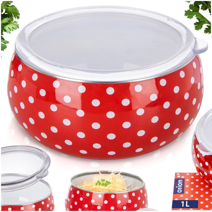Bol Emailat, Orion, 1 L, 15.5x15.5x7.5 cm, Sticla, Inchidere Etansa Cu Capac, Utilizare Universala, Potrivit Pentru Toate Plitele, Cuptor Si Masina De Spalat Vase, Rosu