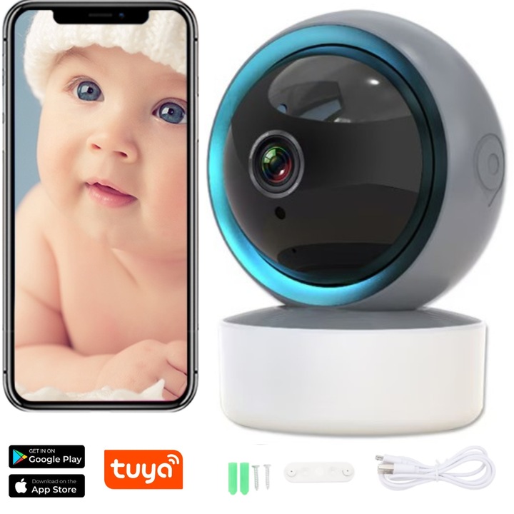 Babamonitor Birai® NovaBaby, Vezeték nélküli video-audio kamera babáknak, IR éjjellátó, Mozgásérzékelő, Riasztó, Kétirányú kommunikáció, 360° automatikus forgatás, Full HD, Gyermekfelügyelet, Fekete
