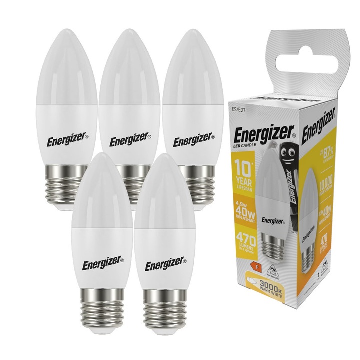 Комплект от 5 LED крушки тип „свещ“, 4.9W, E27, 470 лумена, 3000K, топла светлина, енергиен клас F